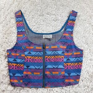 Lucca Couture Top Women's Small Geometric Crop SZip Front Colorful Tank Festival